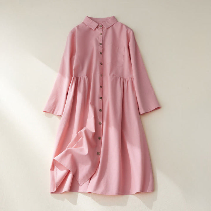 Buddha Stones Causal Commute Plain Buttons Design Long Sleeve Cotton Midi Dress With Pockets - LightPink - US8-10，UK/AU12-14，EU40-42 (2XL) - image 11