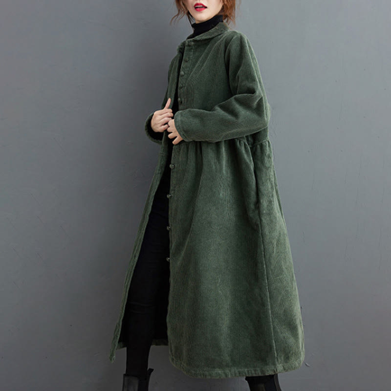 Buddha Stones Plain Buttons Long Sleeve Women's Cotton Corduroy Fleece-Lined Coat With Pockets - image 13