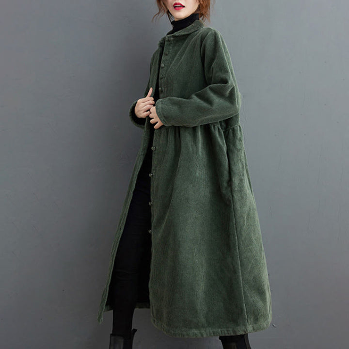 Buddha Stones Plain Buttons Long Sleeve Women's Cotton Corduroy Fleece-Lined Coat With Pockets - image 13