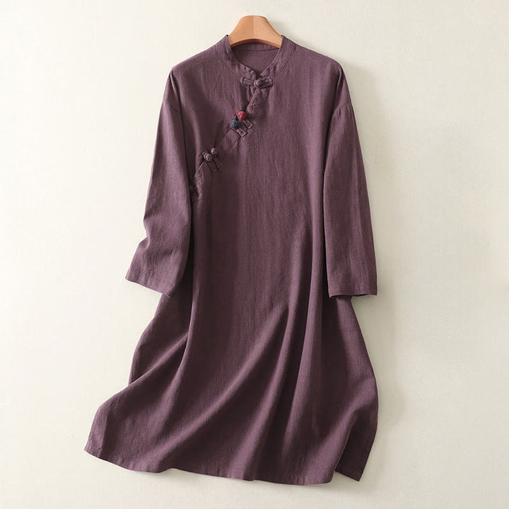 Buddha Stones Spring Diagonal Closure Frog Buttons Design Cotton Long Sleeve Midi Dress - DarkMagenta - US12，UK/AU16，EU44 (2XL) - image 1