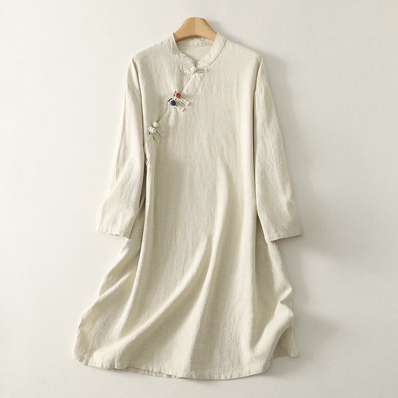 Buddha Stones Spring Diagonal Closure Frog Buttons Design Cotton Long Sleeve Midi Dress - Linen - US12，UK/AU16，EU44 (2XL) - image 6
