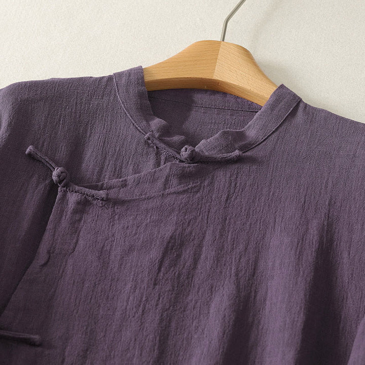 Buddha Stones Vintage Plain Frog Buttons Asymmetrical Design Long Sleeve Cotton Linen Midi Dress - image 8