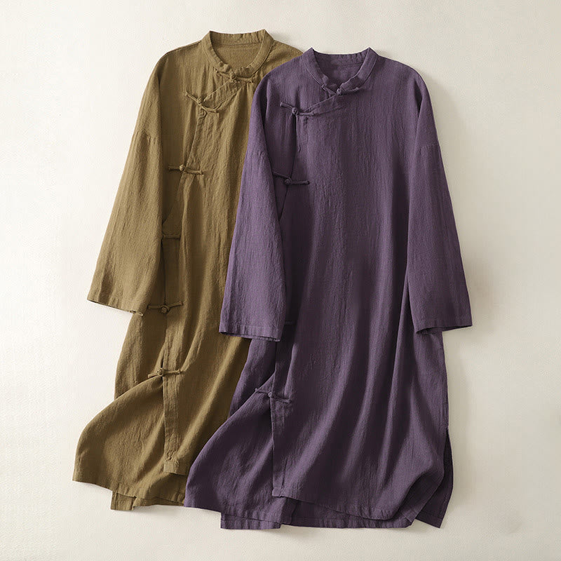 Buddha Stones Vintage Plain Frog Buttons Asymmetrical Design Long Sleeve Cotton Linen Midi Dress - image 0