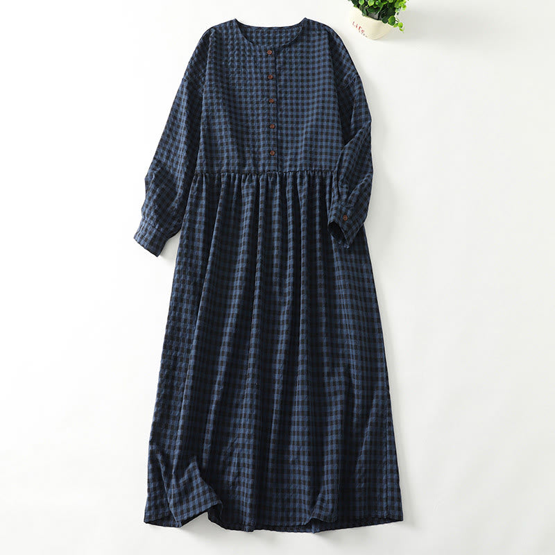 Buddha Stones Retro Contrasting Color Plaid Puff Long Sleeve Cotton Linen Midi Dress With Pockets - DarkBlue - US8-10，UK/AU12-14，EU40-42 (2XL) - image 0