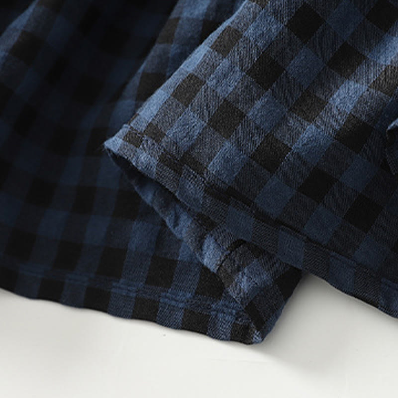 Buddha Stones Retro Contrasting Color Plaid Puff Long Sleeve Cotton Linen Midi Dress With Pockets - image 9