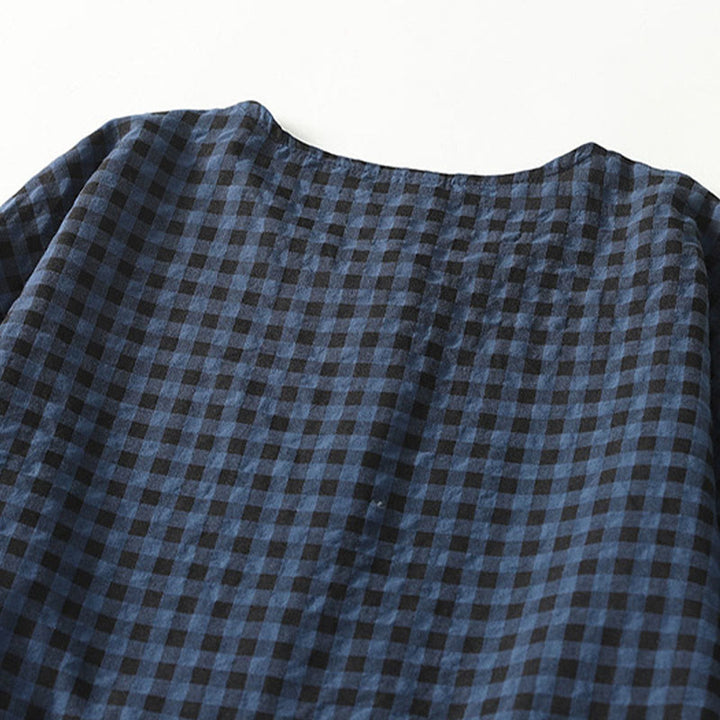 Buddha Stones Retro Contrasting Color Plaid Puff Long Sleeve Cotton Linen Midi Dress With Pockets - image 3