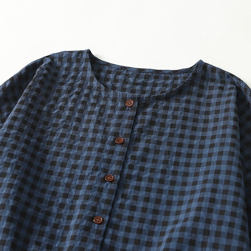 Buddha Stones Retro Contrasting Color Plaid Puff Long Sleeve Cotton Linen Midi Dress With Pockets - image 2