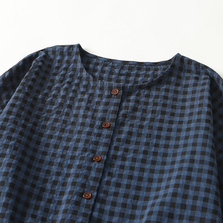 Buddha Stones Retro Contrasting Color Plaid Puff Long Sleeve Cotton Linen Midi Dress With Pockets - image 2