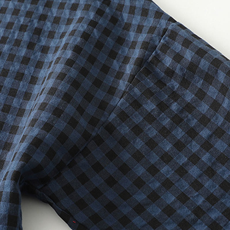 Buddha Stones Retro Contrasting Color Plaid Puff Long Sleeve Cotton Linen Midi Dress With Pockets - image 6