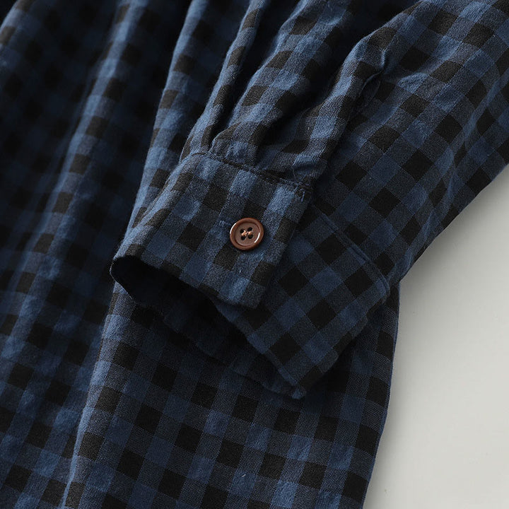 Buddha Stones Retro Contrasting Color Plaid Puff Long Sleeve Cotton Linen Midi Dress With Pockets - image 7