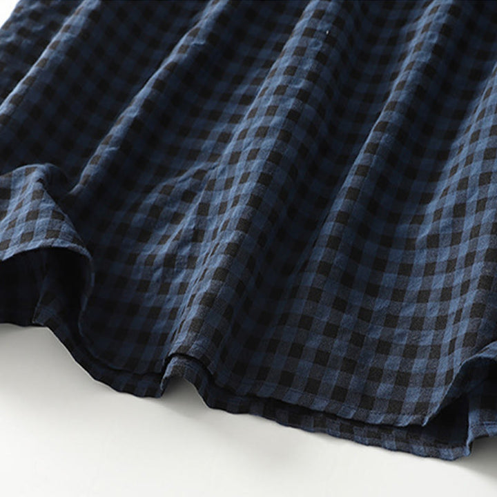 Buddha Stones Retro Contrasting Color Plaid Puff Long Sleeve Cotton Linen Midi Dress With Pockets - image 10