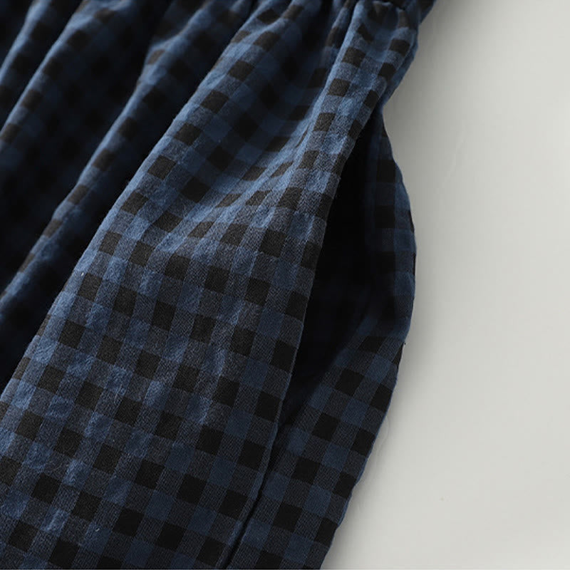 Buddha Stones Retro Contrasting Color Plaid Puff Long Sleeve Cotton Linen Midi Dress With Pockets - image 8