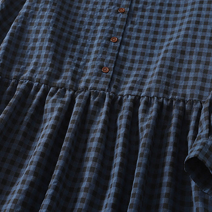 Buddha Stones Retro Contrasting Color Plaid Puff Long Sleeve Cotton Linen Midi Dress With Pockets - image 4