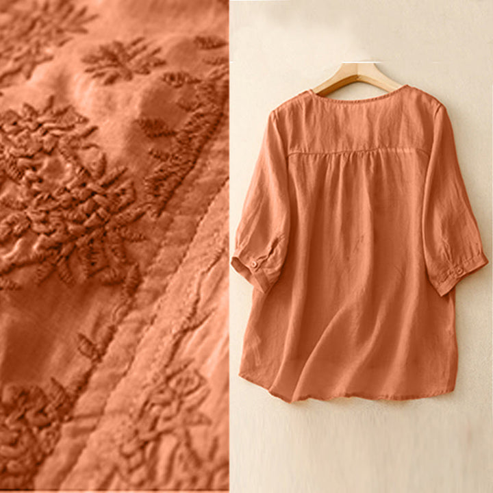 Buddha Stones V-Neck Lines Embroidery Women's Half Sleeve Shirt - image 9