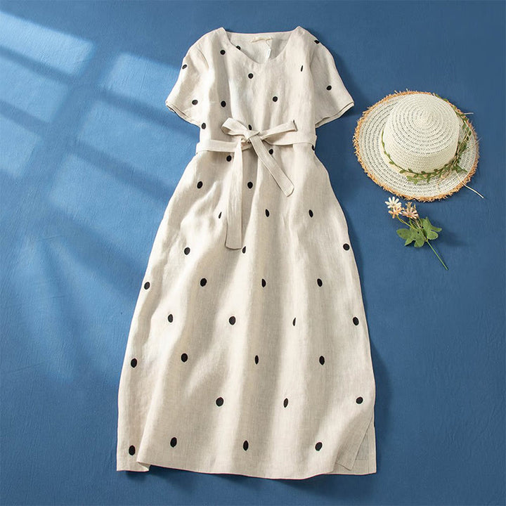 Buddha Stones Casual Dot Pattern Short Sleeve Lace-up Cotton Linen Women's Midi Dress With Pockets - Beige - US8-10，UK/AU12-14，EU40-42 (2XL) - image 7