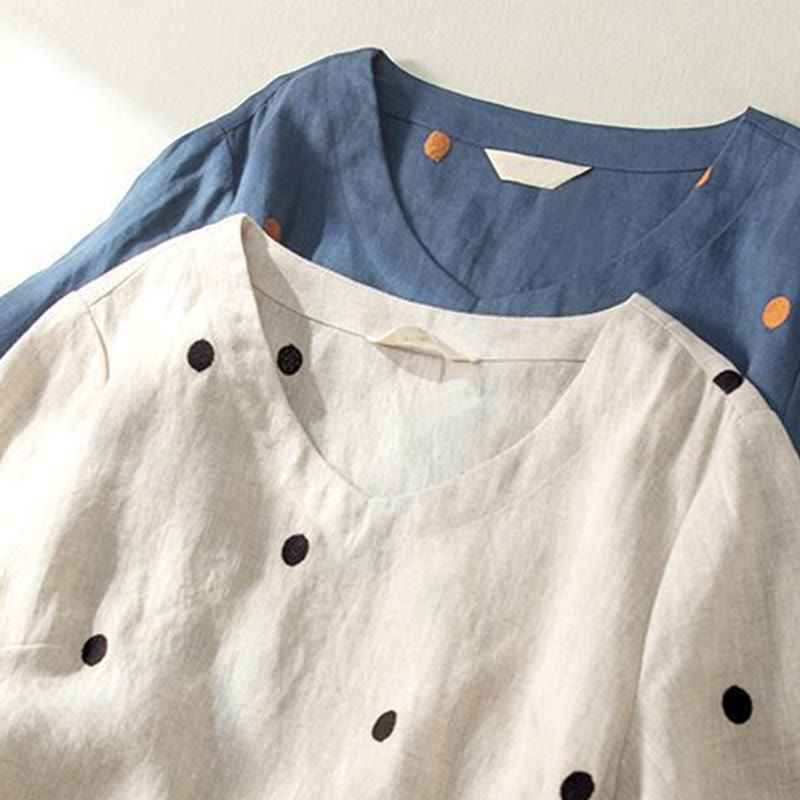 Buddha Stones Casual Dot Pattern Short Sleeve Lace-up Cotton Linen Women's Midi Dress With Pockets - image 12