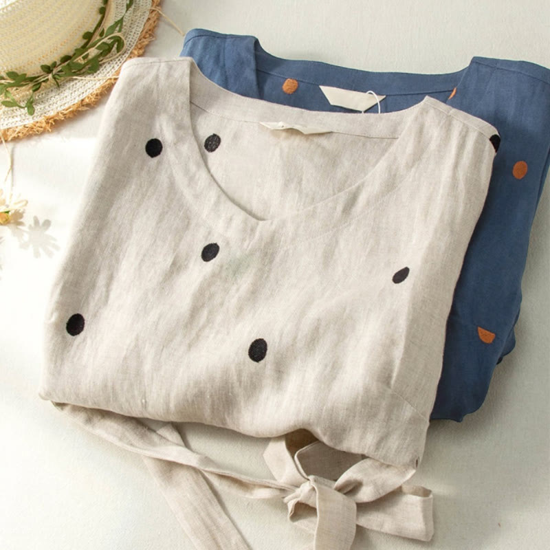 Buddha Stones Casual Dot Pattern Short Sleeve Lace-up Cotton Linen Women's Midi Dress With Pockets - image 11