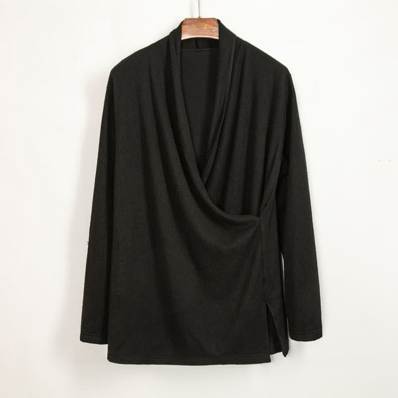 Buddha Stones Plain Irregular Collar Design Men's Cotton Long Sleeve Jacket Shirt - Black - US/UK/AU44，EU54 (4XL) - image 0