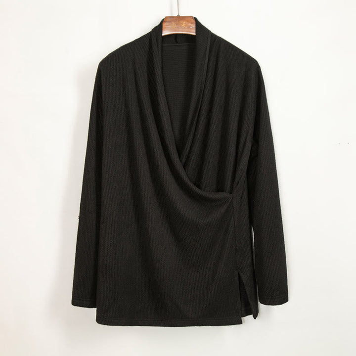 Buddha Stones Plain Irregular Collar Design Men's Cotton Long Sleeve Jacket Shirt - Black - US/UK/AU44，EU54 (4XL) - image 0
