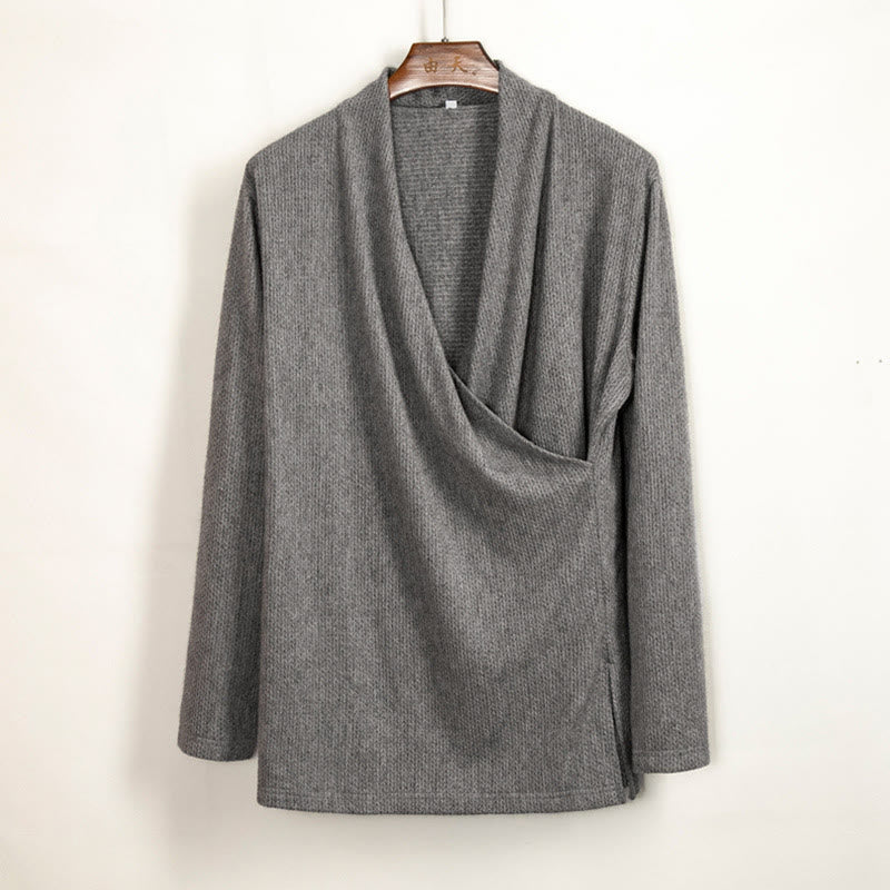 Buddha Stones Plain Irregular Collar Design Men's Cotton Long Sleeve Jacket Shirt - Gray - US/UK/AU44，EU54 (4XL) - image 2