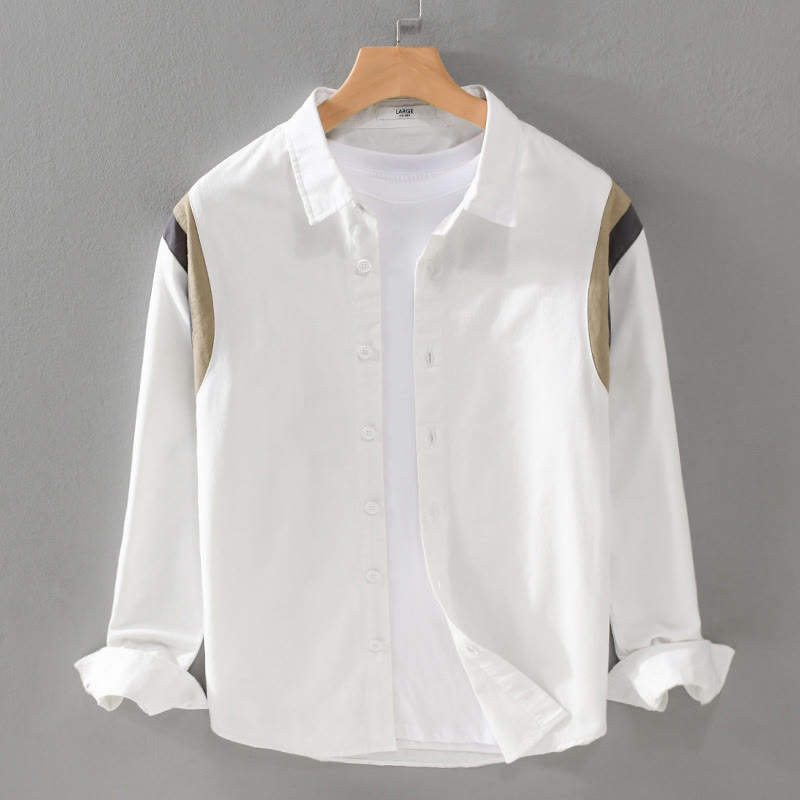 Buddha Stones Spring Color Contrast Patchwork Design Long Sleeve Men Cotton Shirt Clothing - White - US/UK/AU42，EU52 (3XL) - image 0