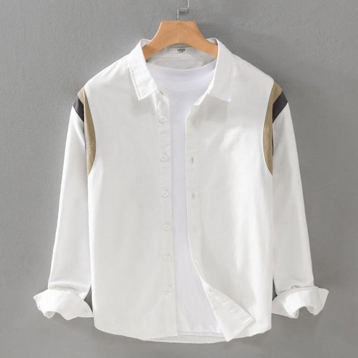 Buddha Stones Spring Color Contrast Patchwork Design Long Sleeve Men Cotton Shirt Clothing - White - US/UK/AU42，EU52 (3XL) - image 0