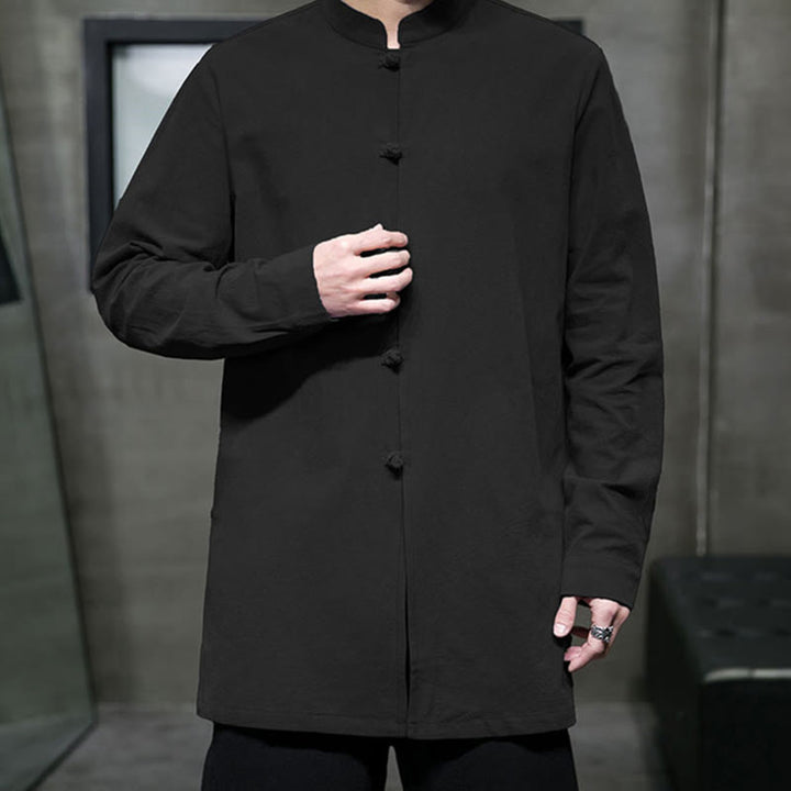 Buddha Stones Simple Tang Suit Plain Chinese Frog-Button Men's Cotton Long Sleeve Jacket Shirt - image 25