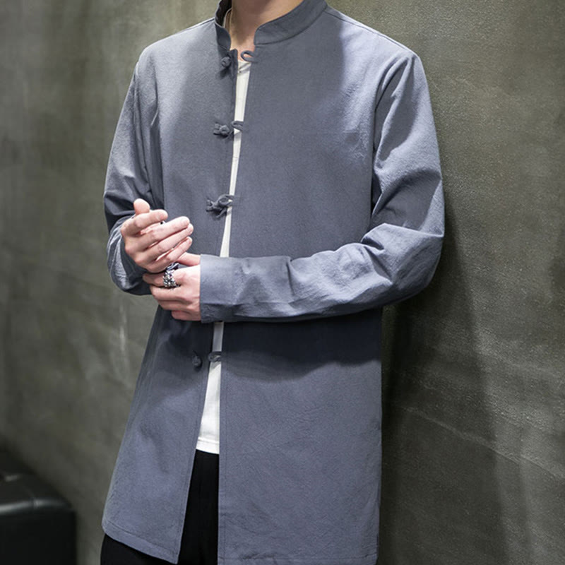 Buddha Stones Simple Tang Suit Plain Chinese Frog-Button Men's Cotton Long Sleeve Jacket Shirt - image 9