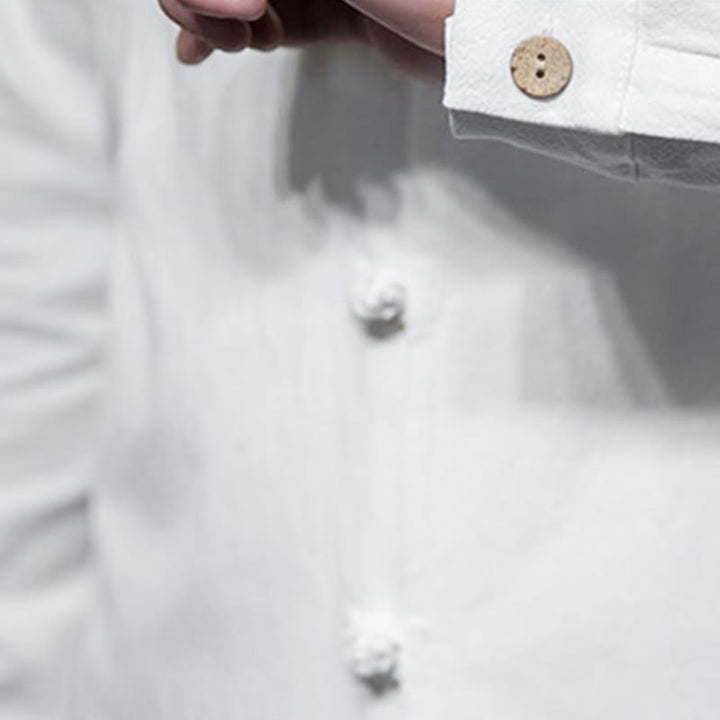 Buddha Stones Simple Tang Suit Plain Chinese Frog-Button Men's Cotton Long Sleeve Jacket Shirt - image 21