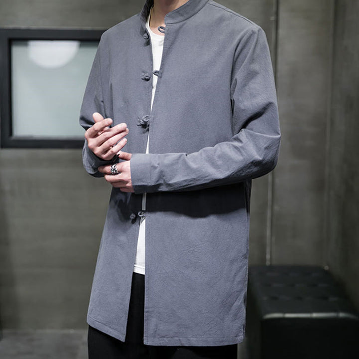 Buddha Stones Simple Tang Suit Plain Chinese Frog-Button Men's Cotton Long Sleeve Jacket Shirt - image 8