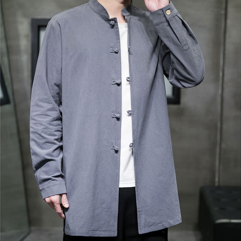 Buddha Stones Simple Tang Suit Plain Chinese Frog-Button Men's Cotton Long Sleeve Jacket Shirt - image 2