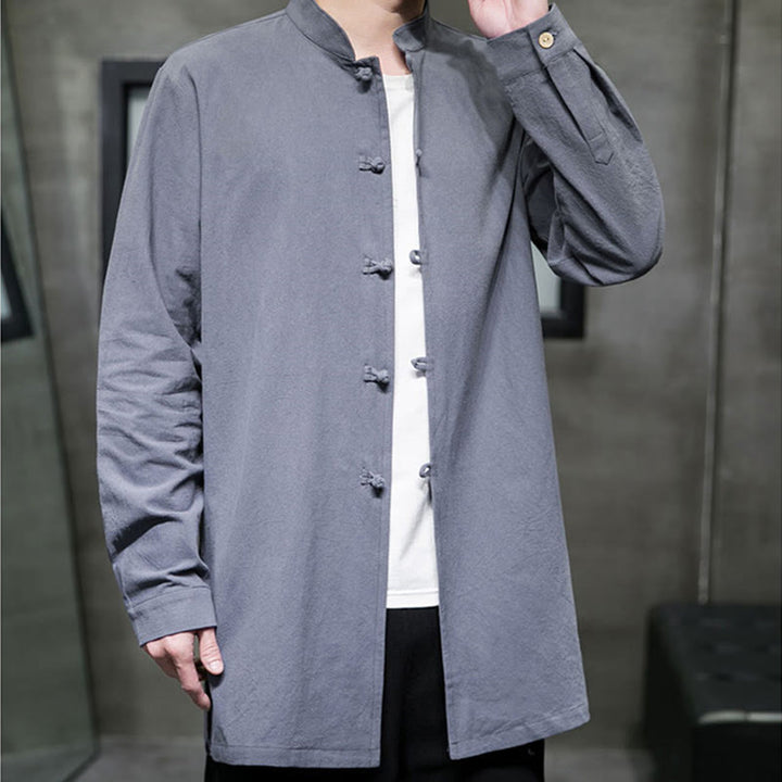 Buddha Stones Simple Tang Suit Plain Chinese Frog-Button Men's Cotton Long Sleeve Jacket Shirt - image 2