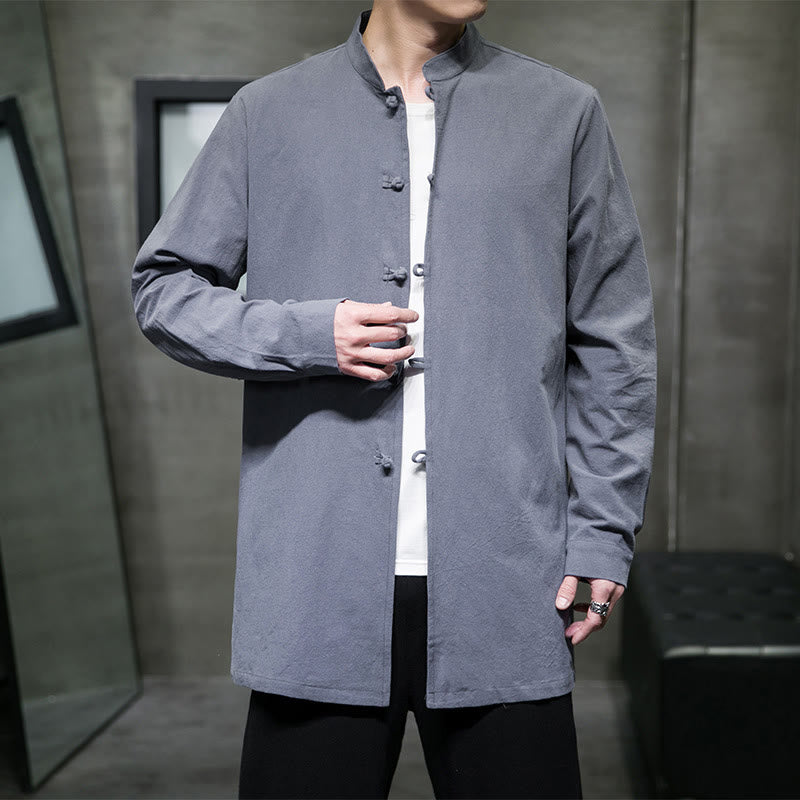 Buddha Stones Simple Tang Suit Plain Chinese Frog-Button Men's Cotton Long Sleeve Jacket Shirt - image 1