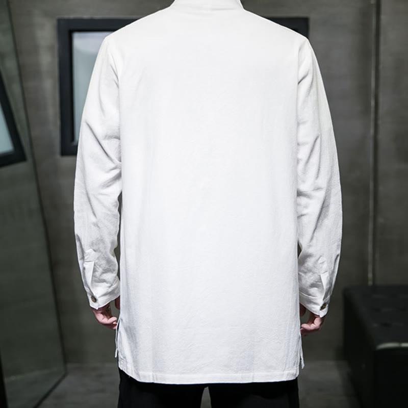 Buddha Stones Simple Tang Suit Plain Chinese Frog-Button Men's Cotton Long Sleeve Jacket Shirt - image 14