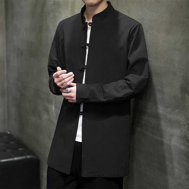 Buddha Stones Simple Tang Suit Plain Chinese Frog-Button Men's Cotton Long Sleeve Jacket Shirt - Black - US/UK/AU46，EU56 (5XL) - image 23