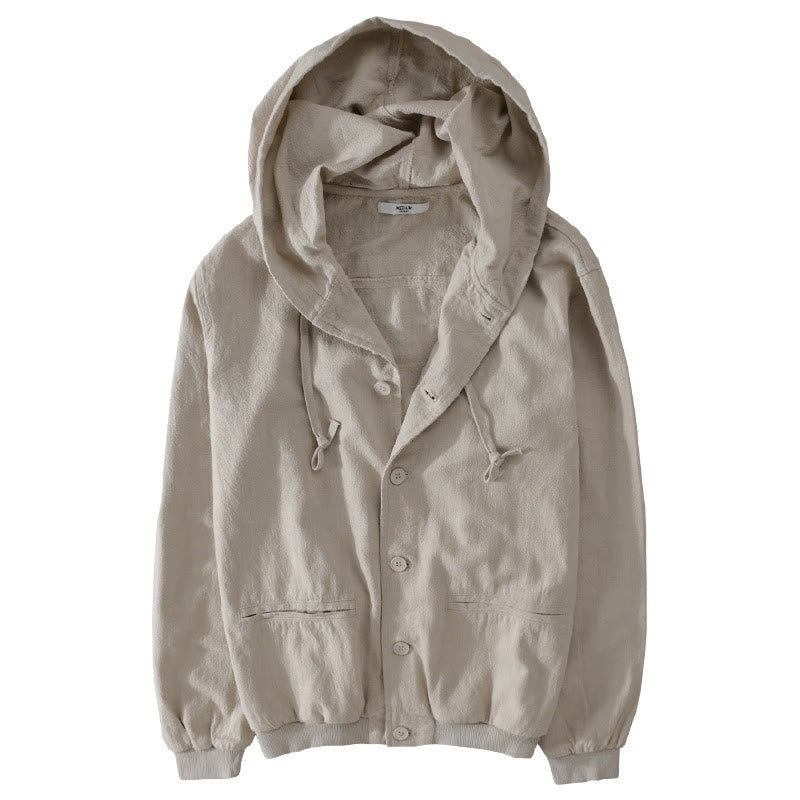 Buddha Stones Ribbed Hem Design Hoodie Long Sleeve Men's Cotton Linen Jacket Shirt With Pockets - image 7