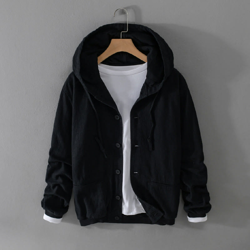 Buddha Stones Ribbed Hem Design Hoodie Long Sleeve Men's Cotton Linen Jacket Shirt With Pockets - Black - US/UK/AU42，EU52 (3XL) - image 11