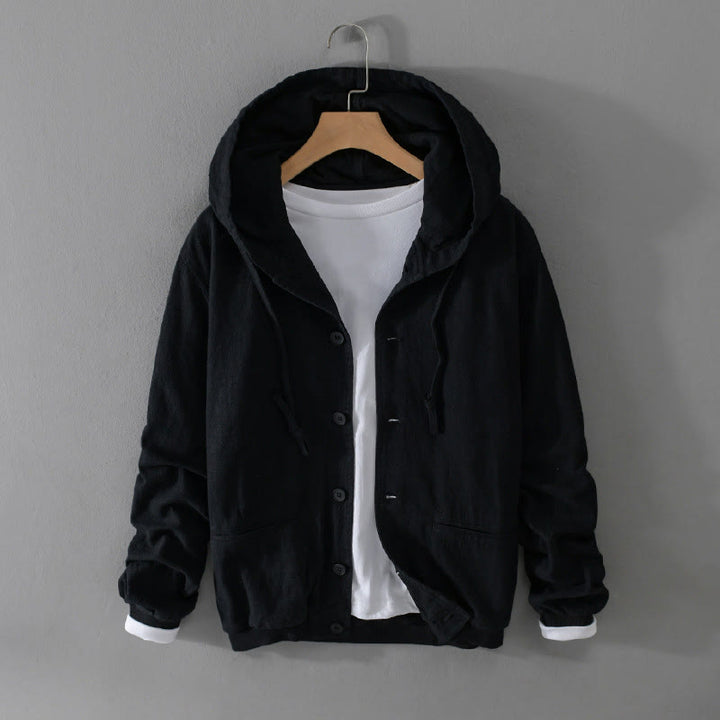 Buddha Stones Ribbed Hem Design Hoodie Long Sleeve Men's Cotton Linen Jacket Shirt With Pockets - Black - US/UK/AU42，EU52 (3XL) - image 11