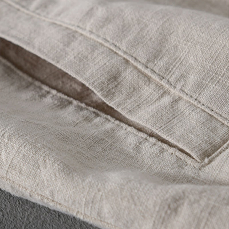 Buddha Stones Solid Color Ribbed Hem Long Sleeve Men's Cotton Linen Shirt With Pockets  - image 10