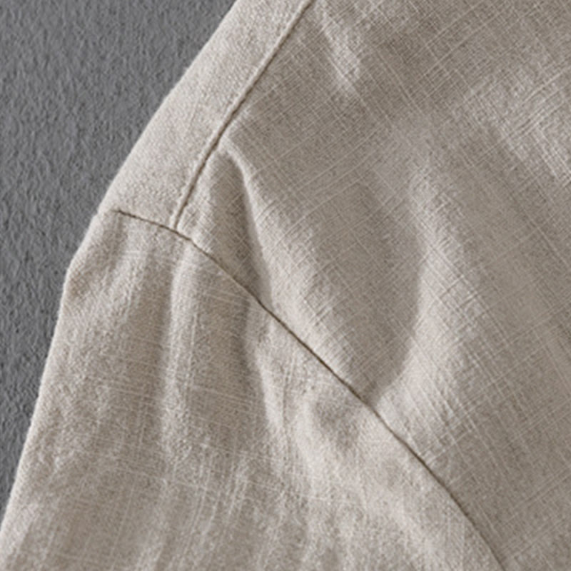 Buddha Stones Solid Color Ribbed Hem Long Sleeve Men's Cotton Linen Shirt With Pockets  - image 8