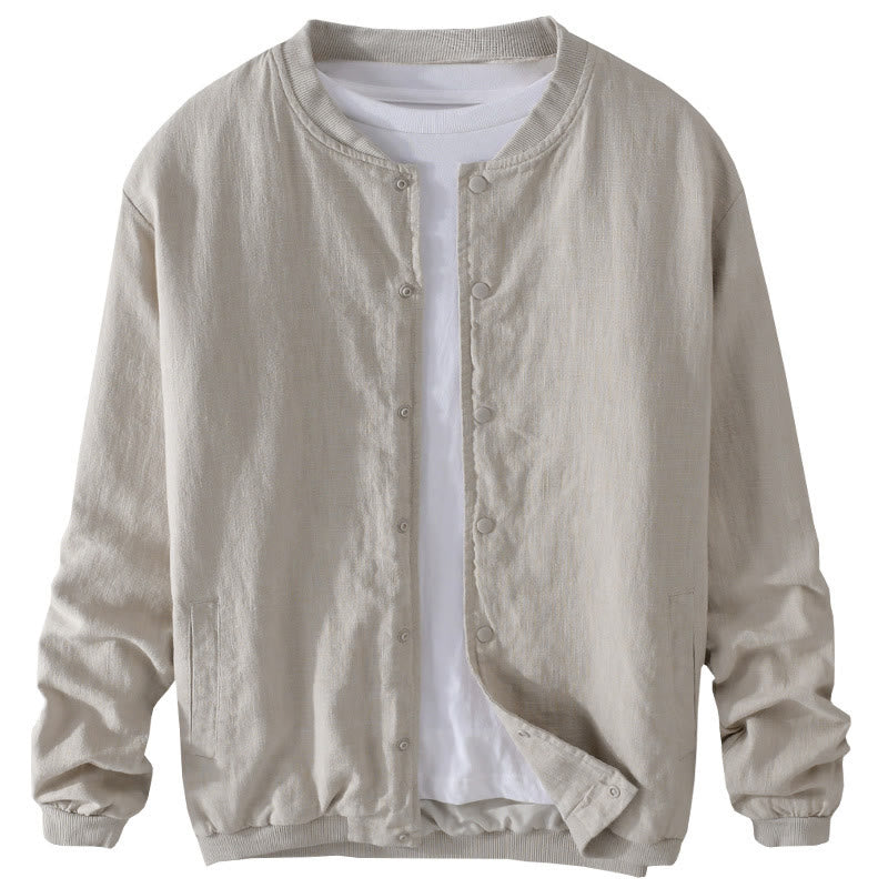 Buddha Stones Solid Color Ribbed Hem Long Sleeve Men's Cotton Linen Shirt With Pockets  - image 13