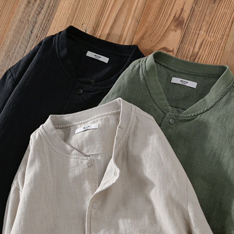 Buddha Stones Solid Color Ribbed Hem Long Sleeve Men's Cotton Linen Shirt With Pockets  - image 20