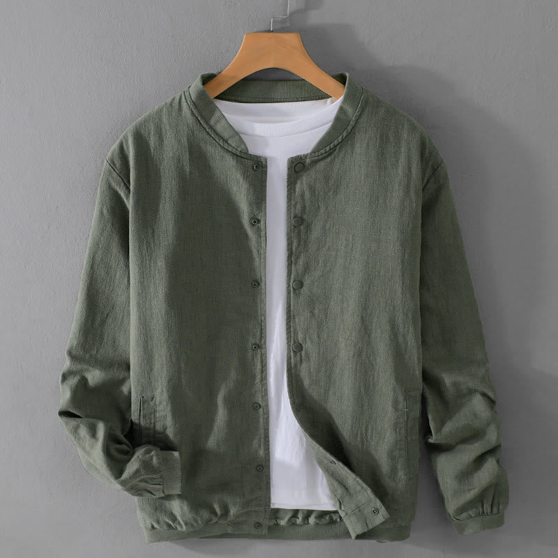 Buddha Stones Solid Color Ribbed Hem Long Sleeve Men's Cotton Linen Shirt With Pockets  - image 1