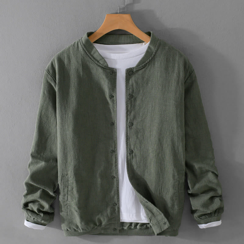 Buddha Stones Solid Color Ribbed Hem Long Sleeve Men's Cotton Linen Shirt With Pockets  - DarkGreen - US/UK/AU42，EU52 (3XL) - image 0