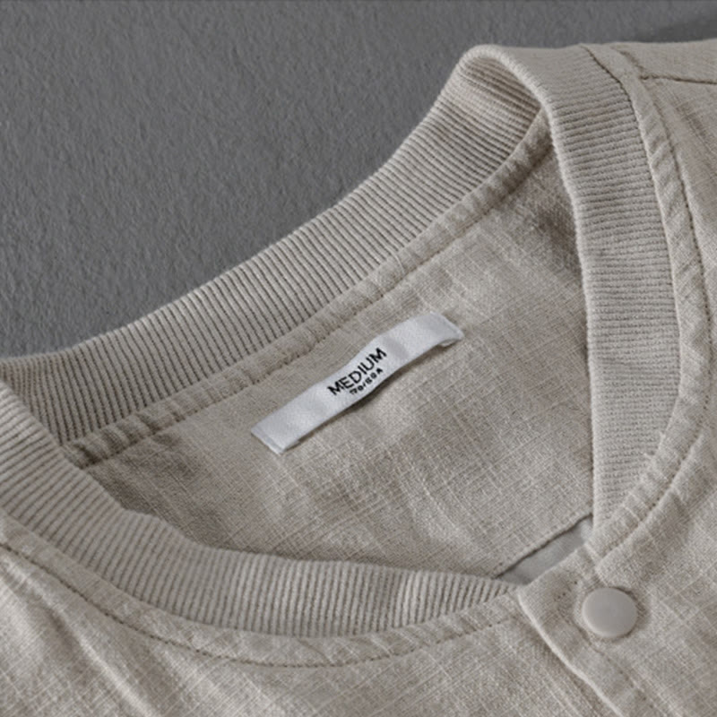Buddha Stones Solid Color Ribbed Hem Long Sleeve Men's Cotton Linen Shirt With Pockets  - image 7