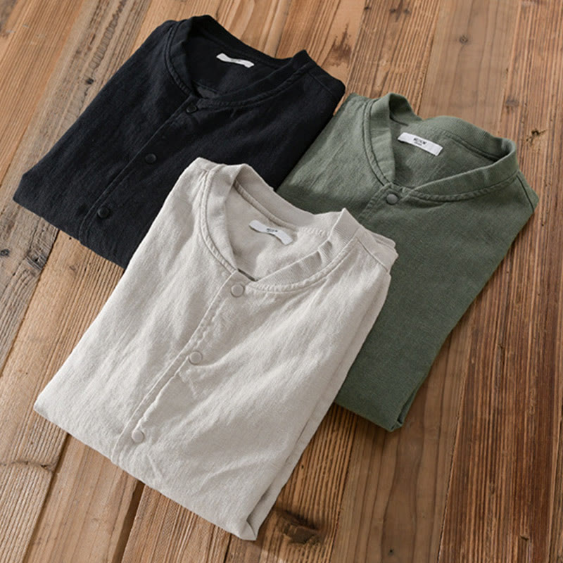 Buddha Stones Solid Color Ribbed Hem Long Sleeve Men's Cotton Linen Shirt With Pockets  - image 18