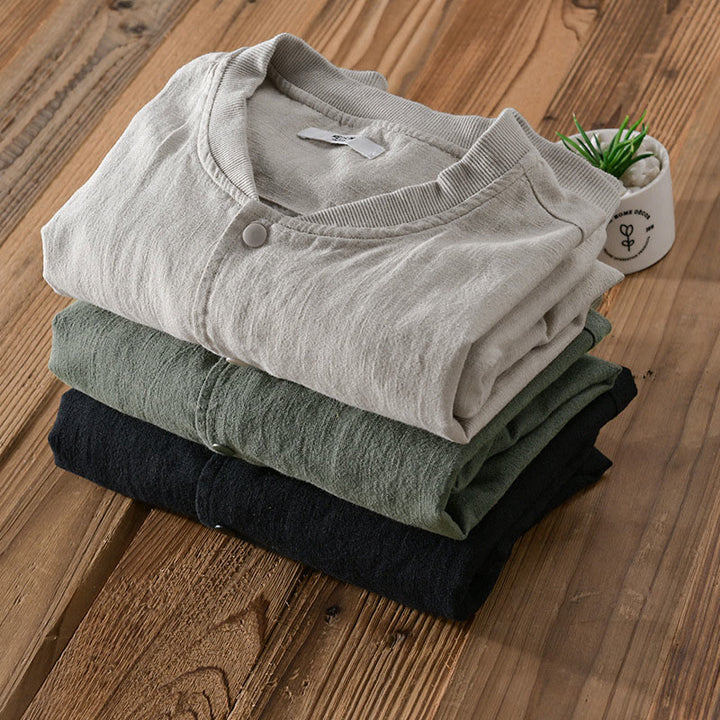 Buddha Stones Solid Color Ribbed Hem Long Sleeve Men's Cotton Linen Shirt With Pockets  - image 19