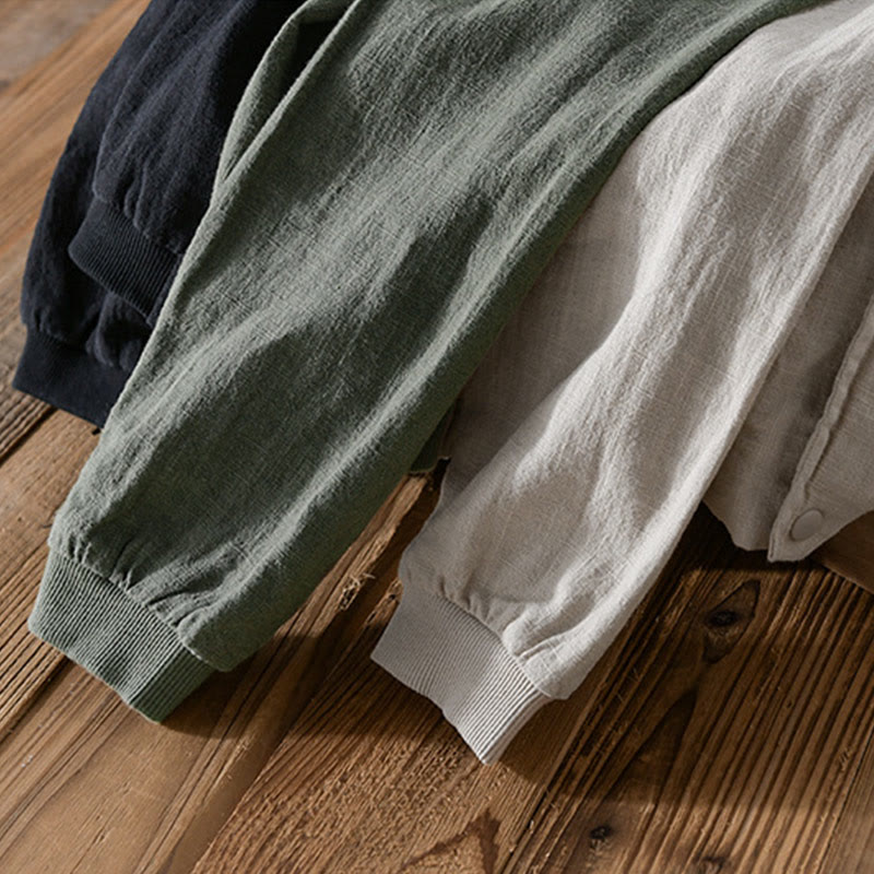 Buddha Stones Solid Color Ribbed Hem Long Sleeve Men's Cotton Linen Shirt With Pockets  - image 21