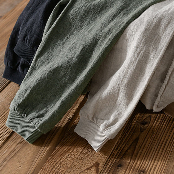 Buddha Stones Solid Color Ribbed Hem Long Sleeve Men's Cotton Linen Shirt With Pockets  - image 21