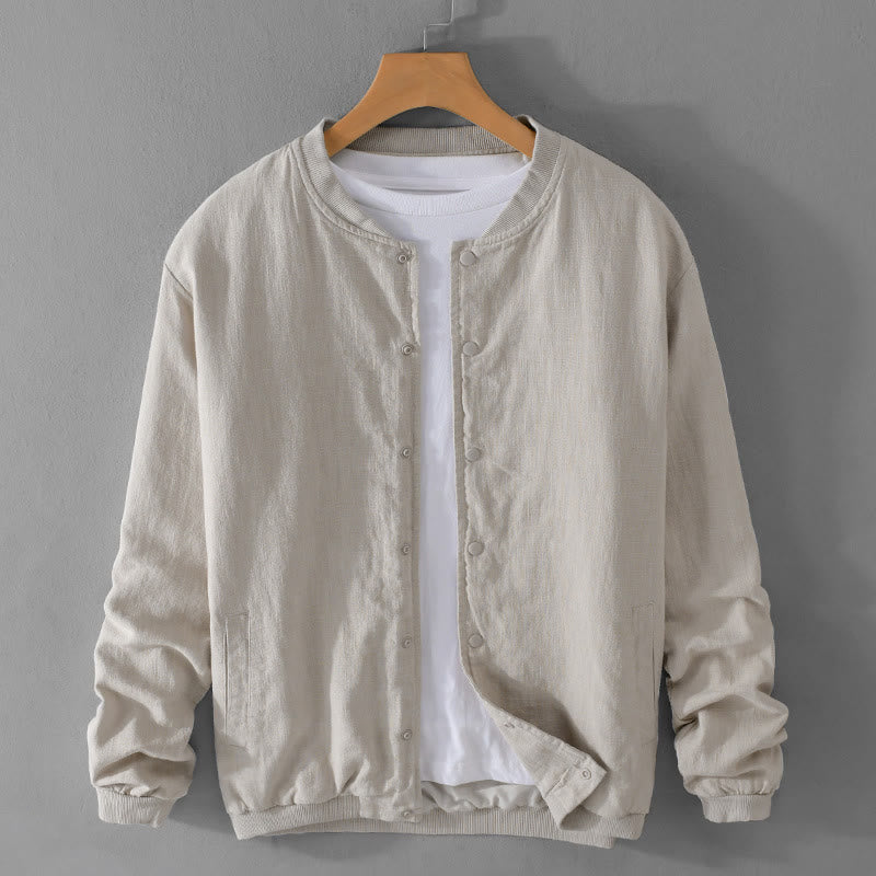 Buddha Stones Solid Color Ribbed Hem Long Sleeve Men's Cotton Linen Shirt With Pockets  - image 4